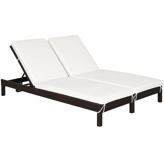 Outsunny Lettino Doppio in Rattan con Schienale Regolabile, 196x120x28cm, Colore Marrone e Bianco Crema