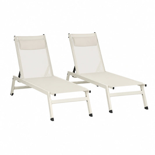 Set 2 Sdraio Prendisole in Alluminio e Tessuto Beige con Schienale Regolabile, 55x195x30 cm