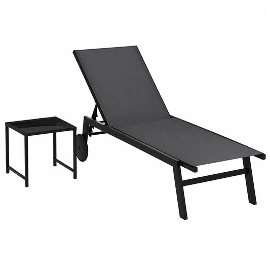 Lettino Prendisole da Giardino Regolabile con Tavolino e Ruote, Sdraio Traspirante per Piscina e Terrazza, Capacità 150+50 kg (Grigio)