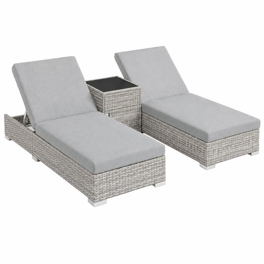 Set di 2 Lettini da Sole in Polyrattan con Tavolino e Cuscini Regolabili per Giardino e Piscina, 184x60x21 cm, Grigio Chiaro
