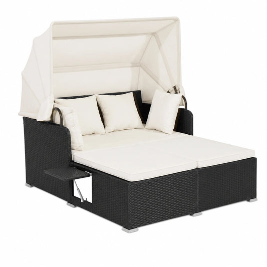 Lettino Prendisole in Rattan per Due con Tettuccio e Cuscini, 360 kg di Capacità, 165x153x70 cm