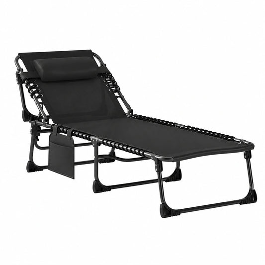Set di Due Lettini Pieghevoli da Giardino Reclinabili con Poggiatesta e Tasche Laterali, Outsunny Neri 57x200x38cm