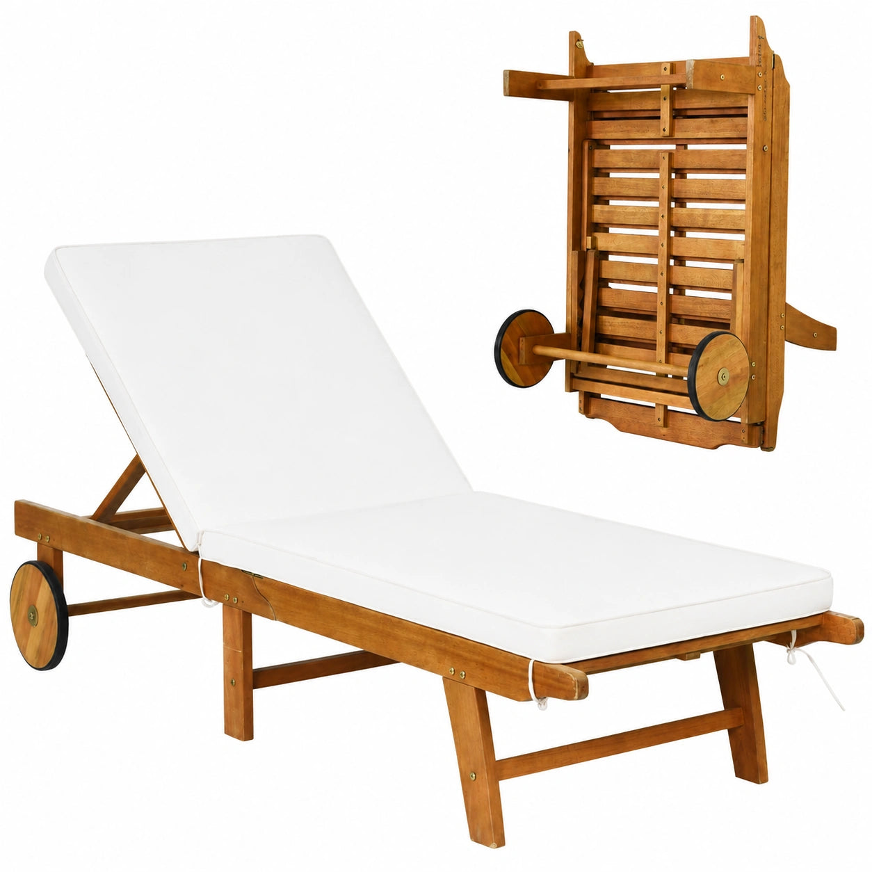 Lettino Prendisole Pieghevole in Legno con Ruote e Cuscino, 6 Posizioni Schienale Regolabile, per Giardino e Piscina, Portata 160 kg