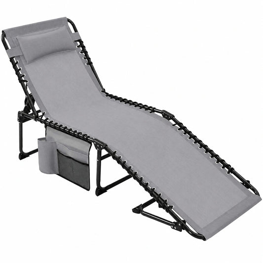 Sedia a Sdraio Pieghevole Regolabile con Poggiatesta e Tasca, Ideale per Giardino e Spiaggia, Grigia 189 x 57 x 34 cm
