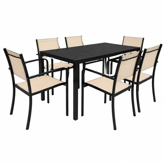 Set Pranzo da Esterno con Tavolo Effetto Legno e Sedie Impilabili Beige