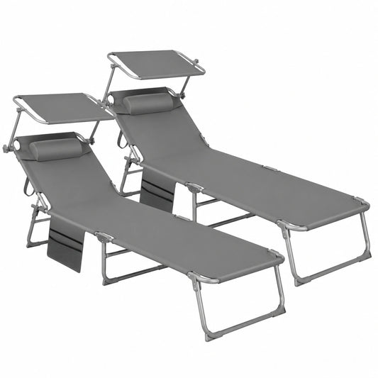 Set 2 Lettini Prendisole Pieghevoli con Parasole e Cuscino, 4 Posizioni Schienale, Grigio