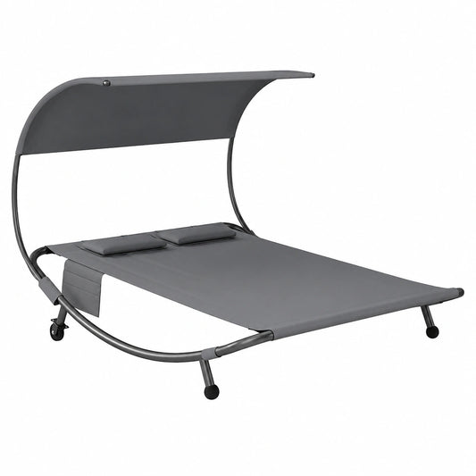 Lettino Doppio da Giardino Outsunny con Tettuccio e Ruote, 2 Posti in Texteline, Cuscini Inclusi, Struttura in Acciaio, Grigio, Portata 240kg