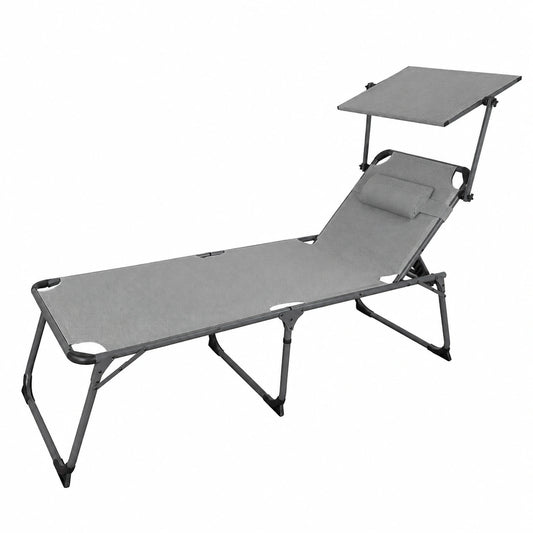 Lettino da Spiaggia Pieghevole con Parasole e Cuscino, 5 Posizioni, Grigio, 193x67x48 cm